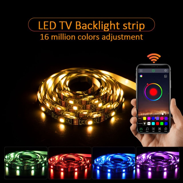 Tira de luces LED RGB con control por app, Bluetooth, carga USB